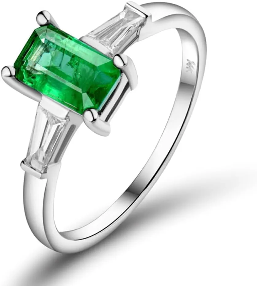 Emerald Ring For Women, 14K Solid White Gold Rings - Emerald Green Ring with Diamond, Vintage Fashion Natural Emerald Rings & Real Diamond Eternity Band For Bridal Engagement Ring