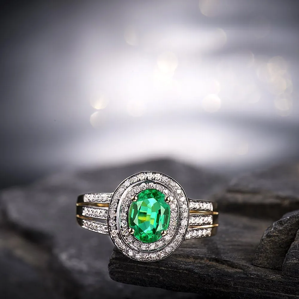 Emerald Ring For Women, 14K Solid Yellow Gold Rings - Green Emerald Ring with Diamond, Natural Green Genuine Emerald Ring & Real Diamond Gemstone Rings For Couple Engagement Ring