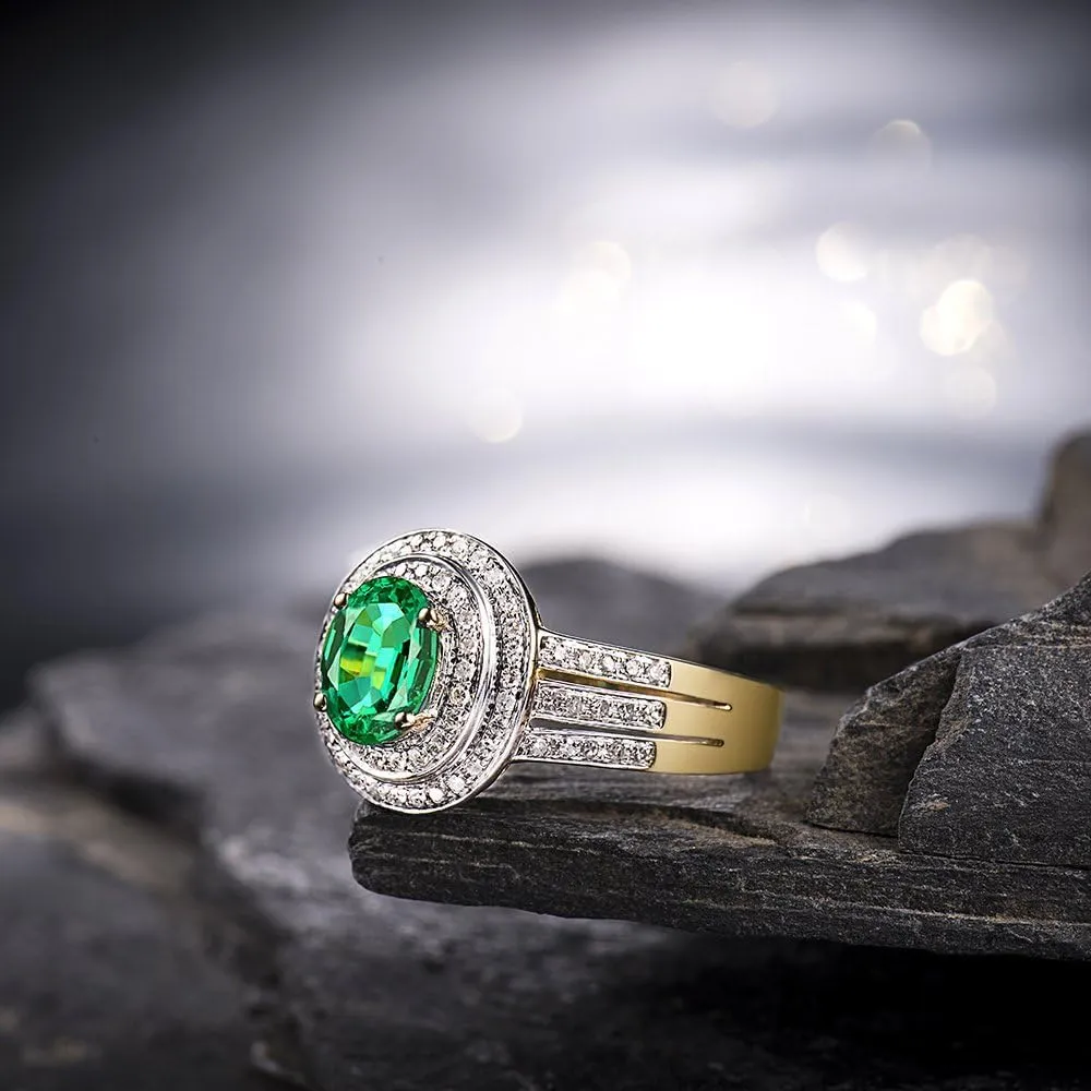 Emerald Ring For Women, 14K Solid Yellow Gold Rings - Green Emerald Ring with Diamond, Natural Green Genuine Emerald Ring & Real Diamond Gemstone Rings For Couple Engagement Ring