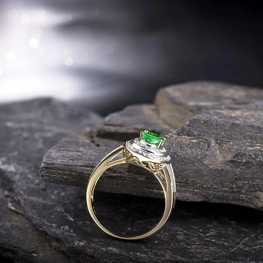 Emerald Ring For Women, 14K Solid Yellow Gold Rings - Green Emerald Ring with Diamond, Natural Green Genuine Emerald Ring & Real Diamond Gemstone Rings For Couple Engagement Ring