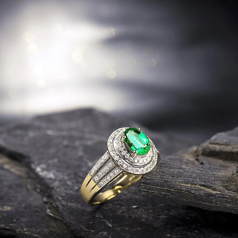 Emerald Ring For Women, 14K Solid Yellow Gold Rings - Green Emerald Ring with Diamond, Natural Green Genuine Emerald Ring & Real Diamond Gemstone Rings For Couple Engagement Ring