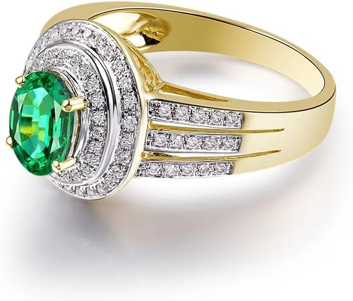 Emerald Ring For Women, 14K Solid Yellow Gold Rings - Green Emerald Ring with Diamond, Natural Green Genuine Emerald Ring & Real Diamond Gemstone Rings For Couple Engagement Ring