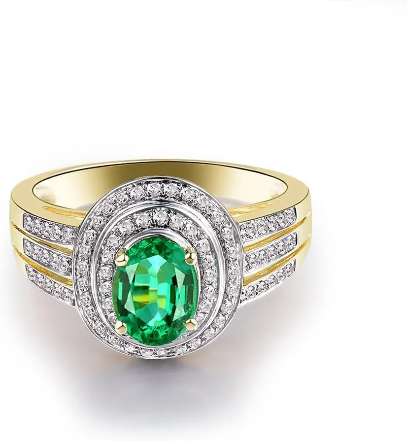 Emerald Ring For Women, 14K Solid Yellow Gold Rings - Green Emerald Ring with Diamond, Natural Green Genuine Emerald Ring & Real Diamond Gemstone Rings For Couple Engagement Ring