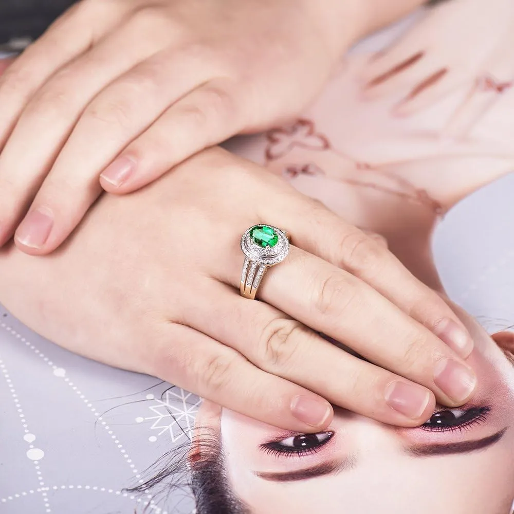 Emerald Ring For Women, 14K Solid Yellow Gold Rings - Green Emerald Ring with Diamond, Natural Green Genuine Emerald Ring & Real Diamond Gemstone Rings For Couple Engagement Ring