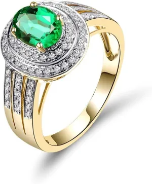 Emerald Ring For Women, 14K Solid Yellow Gold Rings - Green Emerald Ring with Diamond, Natural Green Genuine Emerald Ring & Real Diamond Gemstone Rings For Couple Engagement Ring