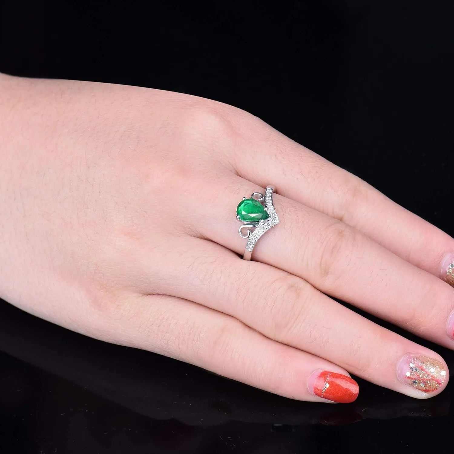 Emerald Ring For Women, 18K White Gold Rings - Green Emerald Ring with Diamond, Natural Pear Shape Emerald Rings & Real Diamonds Gemstone Rings For Couple Engagement Ring