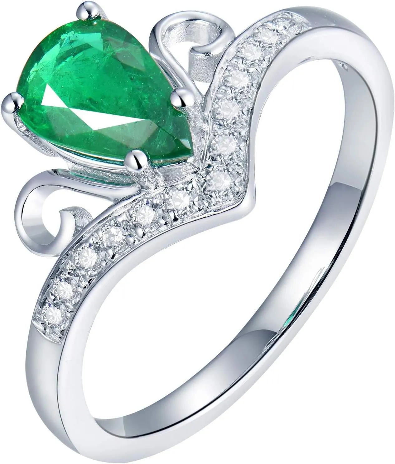 Emerald Ring For Women, 18K White Gold Rings - Green Emerald Ring with Diamond, Natural Pear Shape Emerald Rings & Real Diamonds Gemstone Rings For Couple Engagement Ring