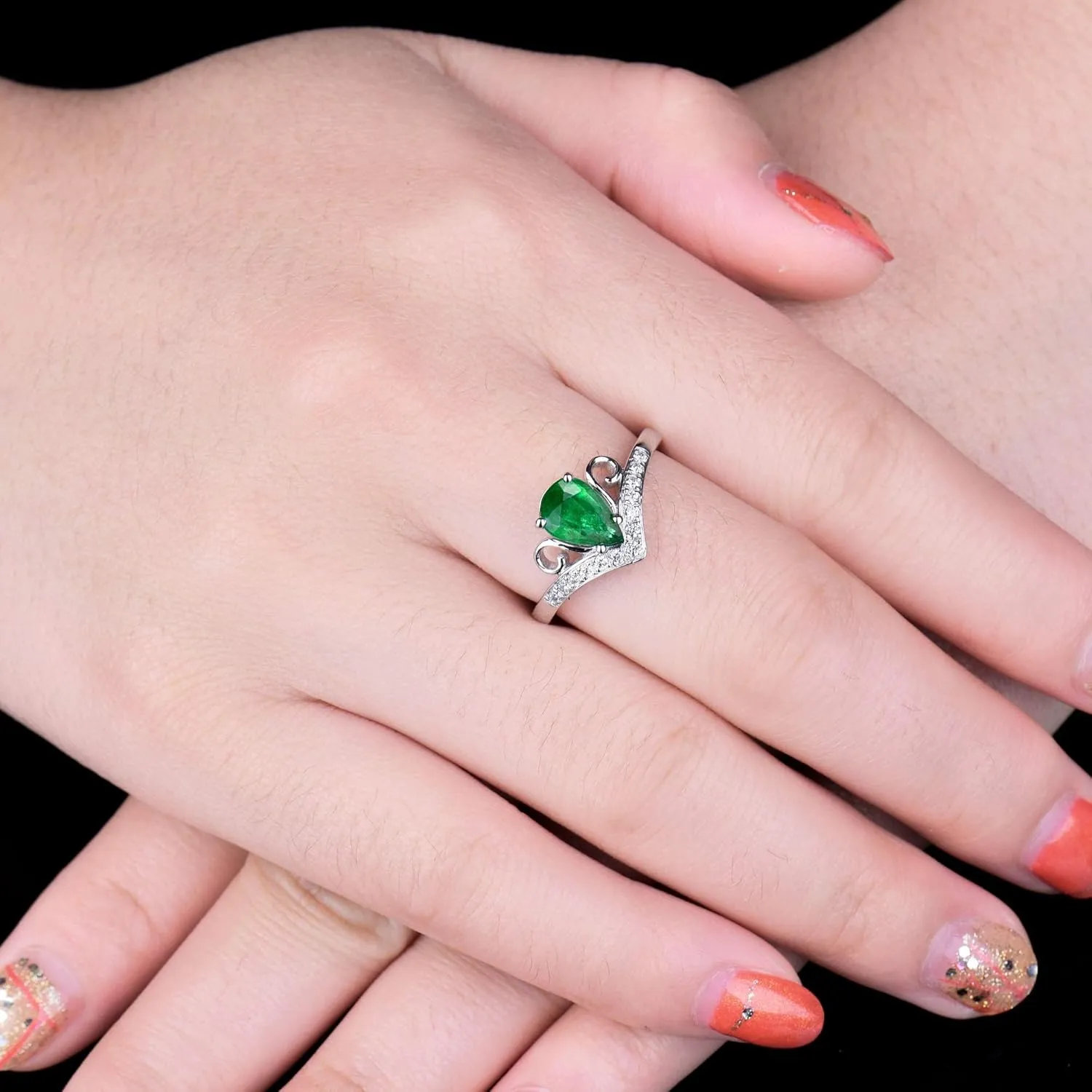 Emerald Ring For Women, 18K White Gold Rings - Green Emerald Ring with Diamond, Natural Pear Shape Emerald Rings & Real Diamonds Gemstone Rings For Couple Engagement Ring