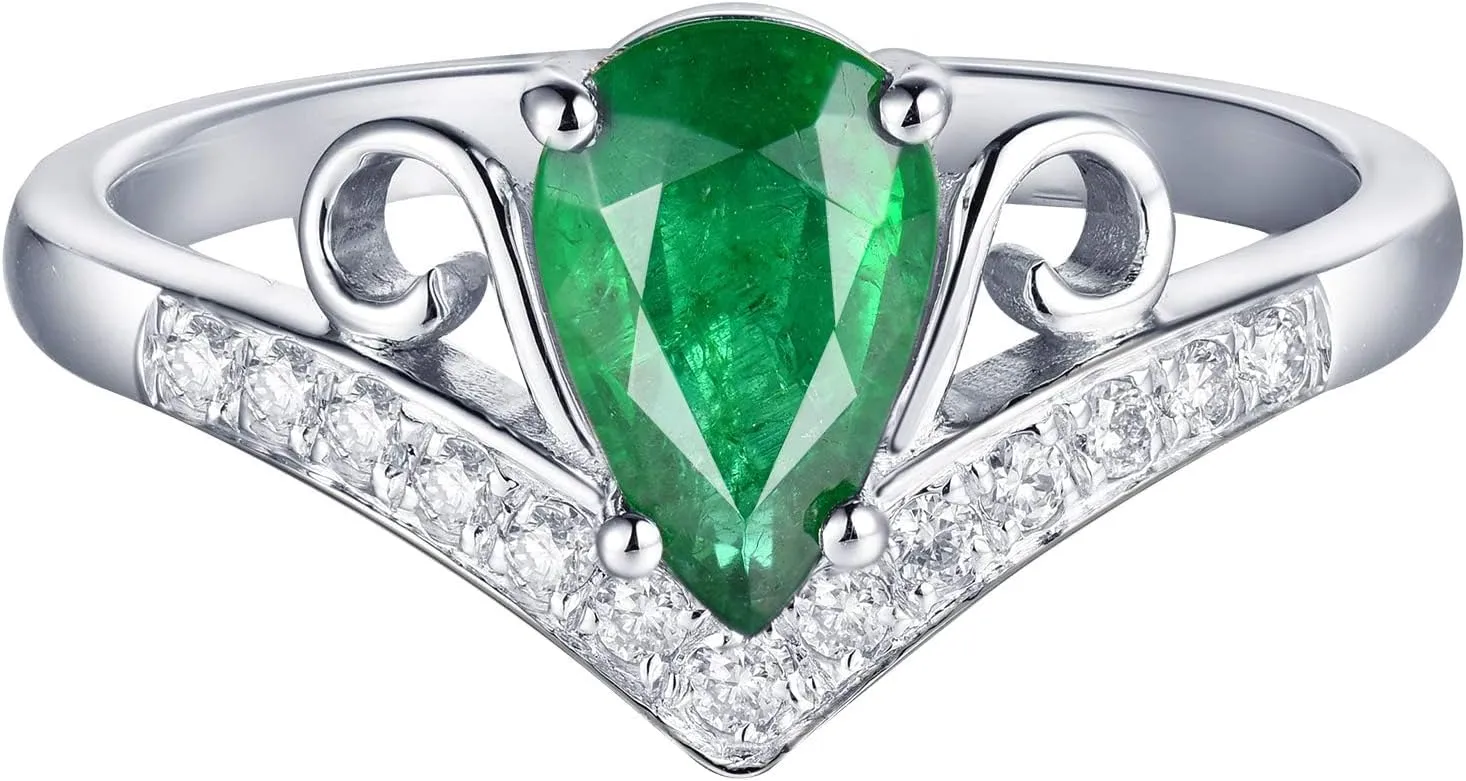 Emerald Ring For Women, 18K White Gold Rings - Green Emerald Ring with Diamond, Natural Pear Shape Emerald Rings & Real Diamonds Gemstone Rings For Couple Engagement Ring
