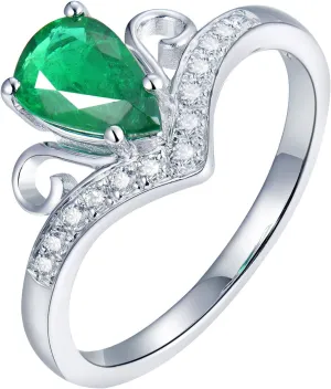 Emerald Ring For Women, 18K White Gold Rings - Green Emerald Ring with Diamond, Natural Pear Shape Emerald Rings & Real Diamonds Gemstone Rings For Couple Engagement Ring