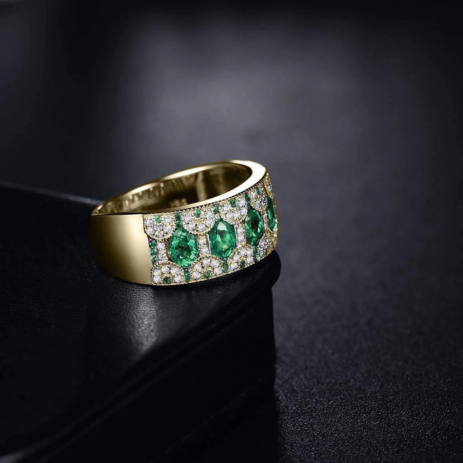Emerald Ring For Women, 18K Yellow Gold Rings - Emerald Rings with Diamond, Vintage Natural Genuine Emerald Green Ring & Real Diamond Gemstone Rings For Couple Engagement Ring