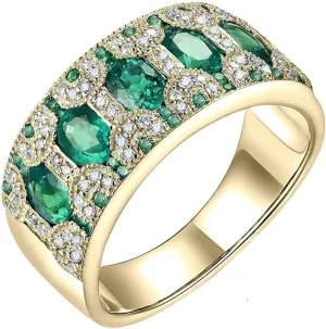 Emerald Ring For Women, 18K Yellow Gold Rings - Emerald Rings with Diamond, Vintage Natural Genuine Emerald Green Ring & Real Diamond Gemstone Rings For Couple Engagement Ring