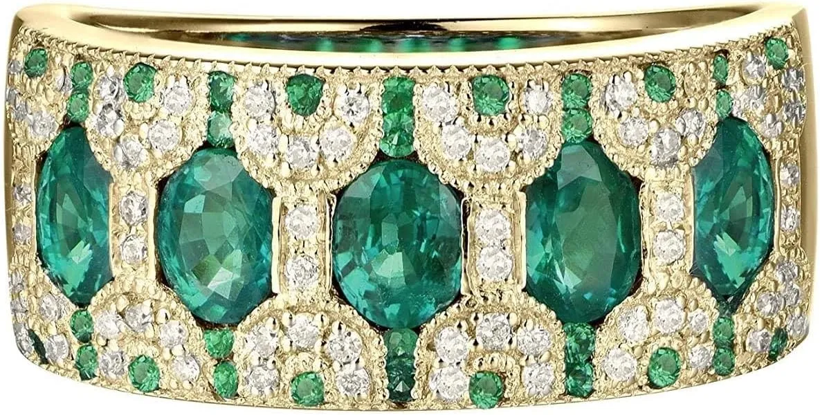 Emerald Ring For Women, 18K Yellow Gold Rings - Emerald Rings with Diamond, Vintage Natural Genuine Emerald Green Ring & Real Diamond Gemstone Rings For Couple Engagement Ring