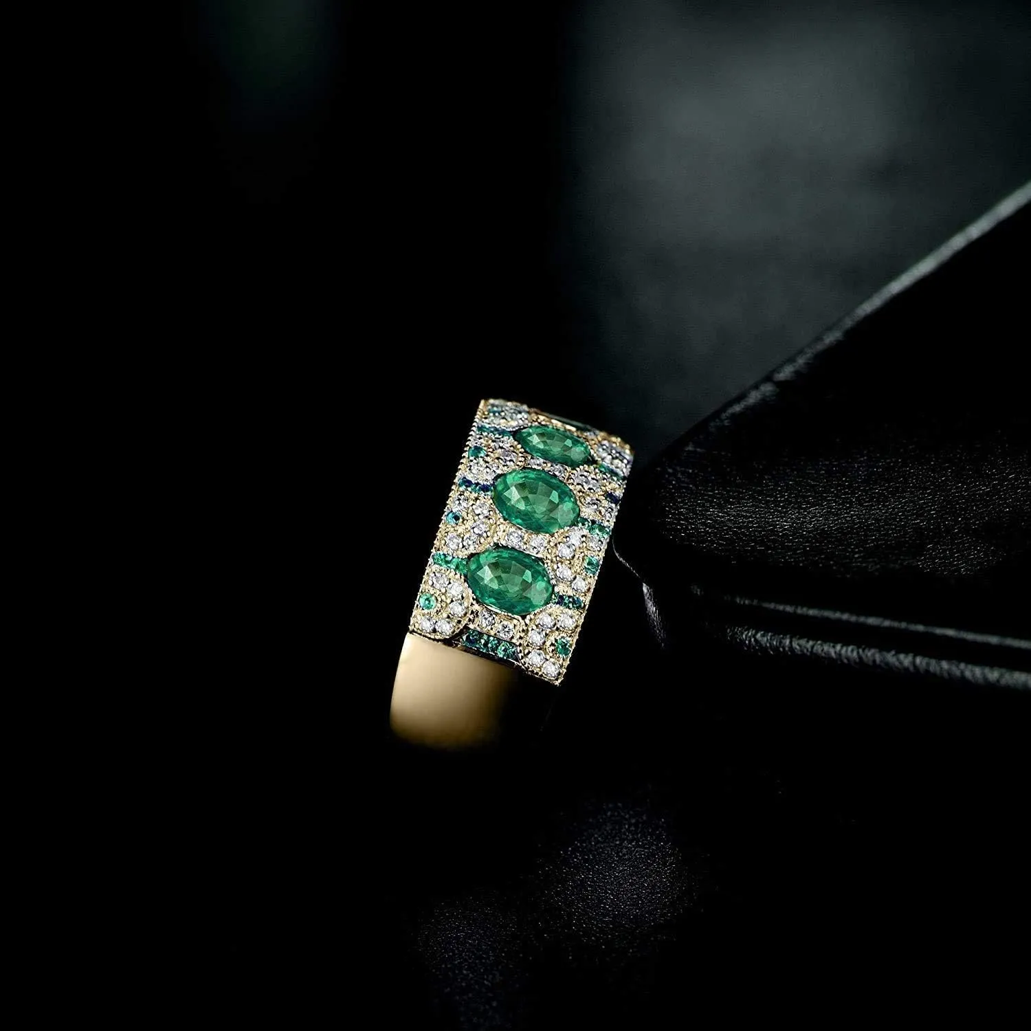 Emerald Ring For Women, 18K Yellow Gold Rings - Emerald Rings with Diamond, Vintage Natural Genuine Emerald Green Ring & Real Diamond Gemstone Rings For Couple Engagement Ring