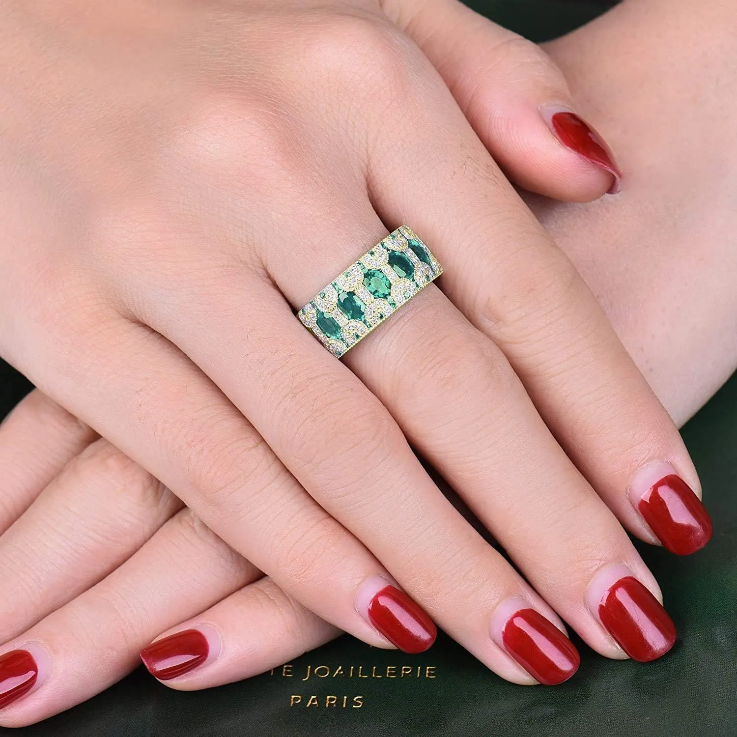 Emerald Ring For Women, 18K Yellow Gold Rings - Emerald Rings with Diamond, Vintage Natural Genuine Emerald Green Ring & Real Diamond Gemstone Rings For Couple Engagement Ring