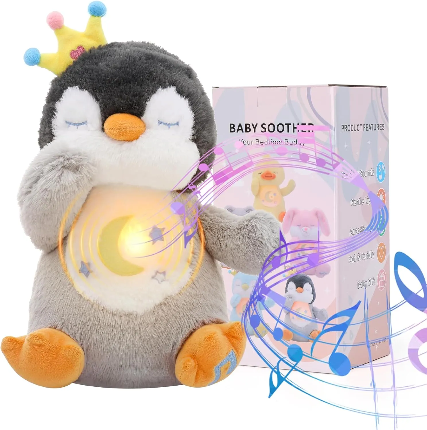 Emoin Penguin Breathing Stuffed Animal, Soothing Snuggle Breathing Breathing Plush Baby Toy with Realistic Breathing and Lights Music Birthday Gifts for Adults and Kids