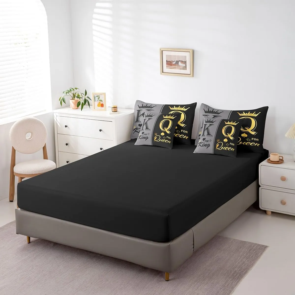 Erosebridal Black Grey Couple Queen Comforter Set 7 Piece for Adults Men Women,King and Queen Crown Bedding Set Mr Mrs His Her Bed in A Bag Romantic Valentine's Day Gifts Sheet Set with Comforter