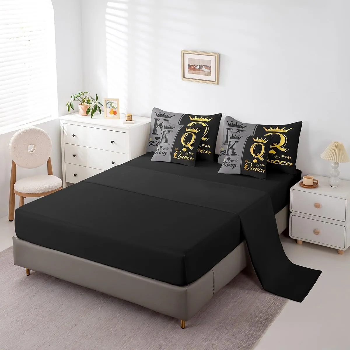 Erosebridal Black Grey Couple Queen Comforter Set 7 Piece for Adults Men Women,King and Queen Crown Bedding Set Mr Mrs His Her Bed in A Bag Romantic Valentine's Day Gifts Sheet Set with Comforter