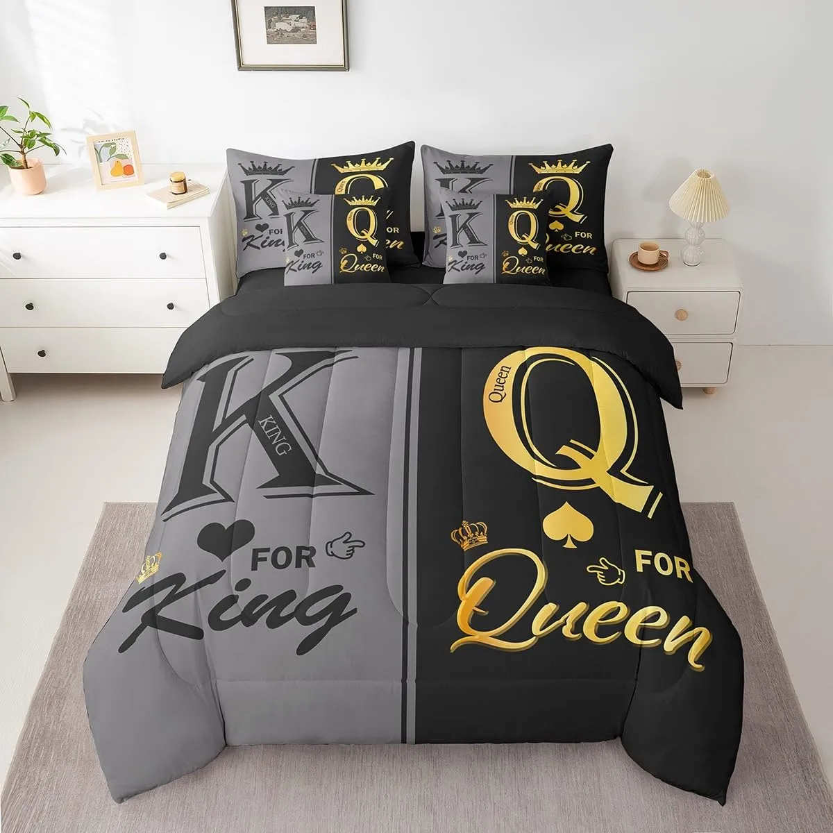 Erosebridal Black Grey Couple Queen Comforter Set 7 Piece for Adults Men Women,King and Queen Crown Bedding Set Mr Mrs His Her Bed in A Bag Romantic Valentine's Day Gifts Sheet Set with Comforter