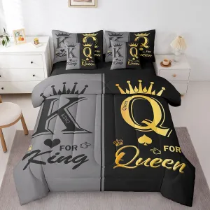 Erosebridal Black Grey Couple Queen Comforter Set 7 Piece for Adults Men Women,King and Queen Crown Bedding Set Mr Mrs His Her Bed in A Bag Romantic Valentine's Day Gifts Sheet Set with Comforter