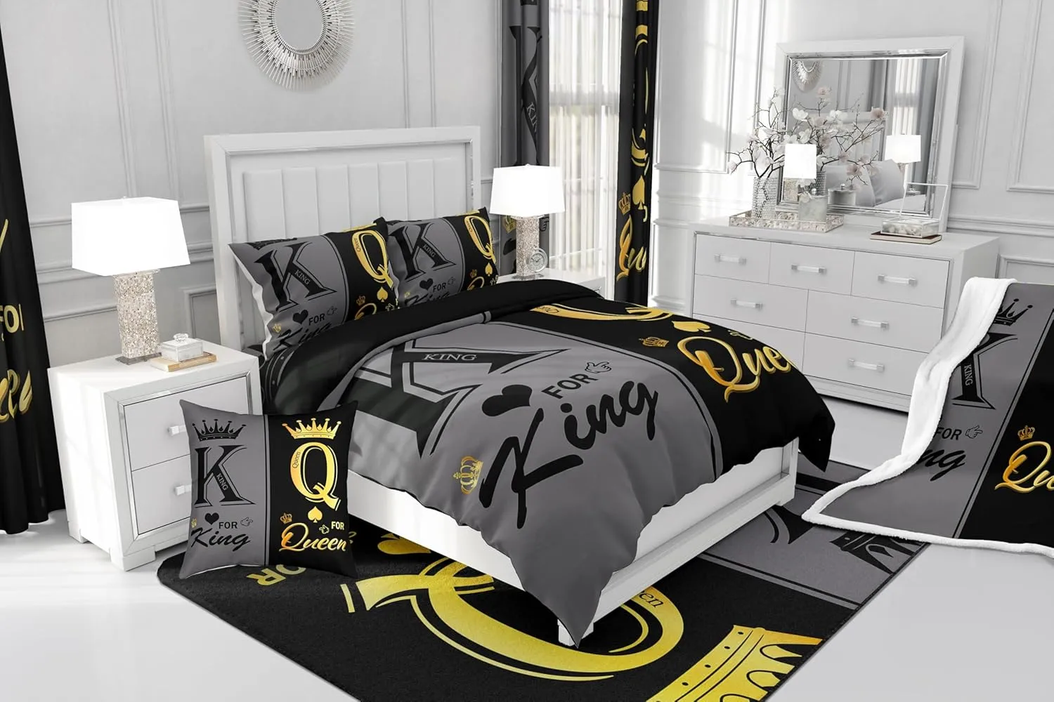 Erosebridal Black Grey Couple Queen Comforter Set 7 Piece for Adults Men Women,King and Queen Crown Bedding Set Mr Mrs His Her Bed in A Bag Romantic Valentine's Day Gifts Sheet Set with Comforter