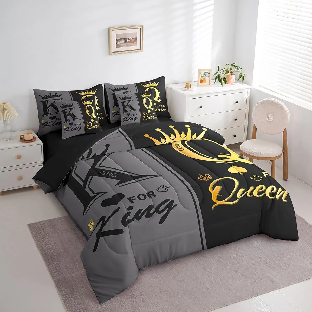 Erosebridal Black Grey Couple Queen Comforter Set 7 Piece for Adults Men Women,King and Queen Crown Bedding Set Mr Mrs His Her Bed in A Bag Romantic Valentine's Day Gifts Sheet Set with Comforter