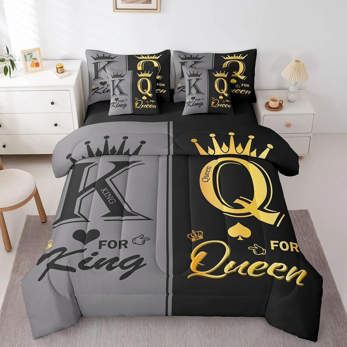 Erosebridal Black Grey Couple Queen Comforter Set 7 Piece for Adults Men Women,King and Queen Crown Bedding Set Mr Mrs His Her Bed in A Bag Romantic Valentine's Day Gifts Sheet Set with Comforter