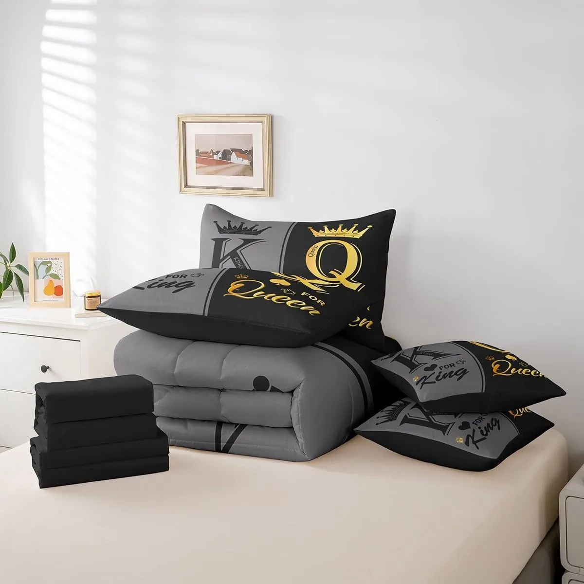 Erosebridal Black Grey Couple Queen Comforter Set 7 Piece for Adults Men Women,King and Queen Crown Bedding Set Mr Mrs His Her Bed in A Bag Romantic Valentine's Day Gifts Sheet Set with Comforter