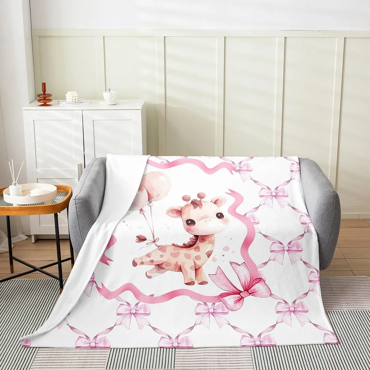 Erosebridal Pink Bowknot Throw Blanket for Kids Boys Girls,Cartoon Giraffe Fleece Blanket,Cute Animal Bed Blanket,Watercolor Bow Knot Flannel Blanket for Kid Child,Lightweight,40x50 inch