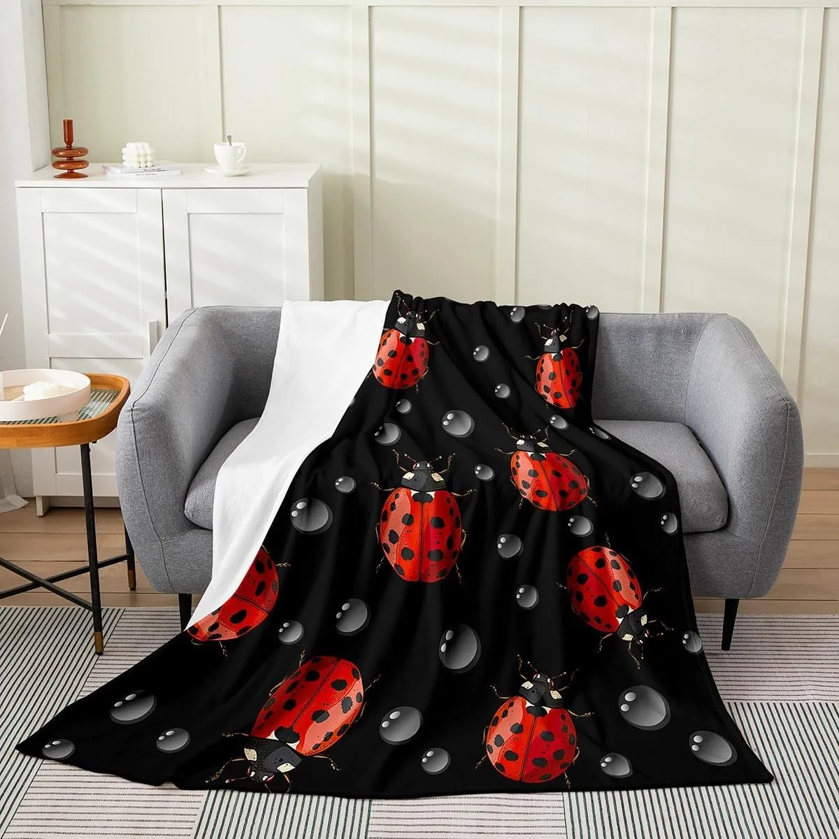 Erosebridal Red Ladybug Throw Blanket,Cute Beetle Blanket for Kids Girls Boys,Cartoon Ladybird Flannel Blanket Throw 50X60,Drops Nature Wild Animal Bed Blanket Breathable Bedroom Decor
