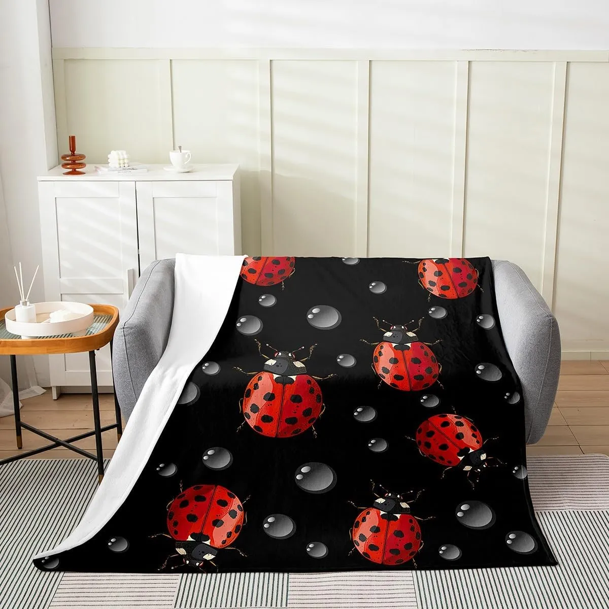 Erosebridal Red Ladybug Throw Blanket,Cute Beetle Blanket for Kids Girls Boys,Cartoon Ladybird Flannel Blanket Throw 50X60,Drops Nature Wild Animal Bed Blanket Breathable Bedroom Decor