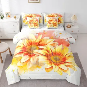Erosebridal Sunflower Bedding Sets 7 Piece Twin Yellow Floral Quilt with Flat Fitted Sheet Watercolor Graffiti Comforter Set Rustic Vintage Flowers Bed in A Bag Summer Decor for Kids Girls Women