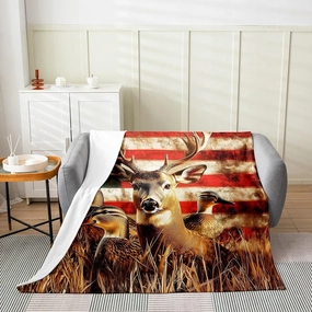 Erosebridal American Flag Throw Blanket 40x50,Deer Hunting Blanket for Boys Teens Kids Rustic Duck Country Cabin Jungle Flannel,Farmhouse Woodland Camouflage Animal Room Decor,All Season
