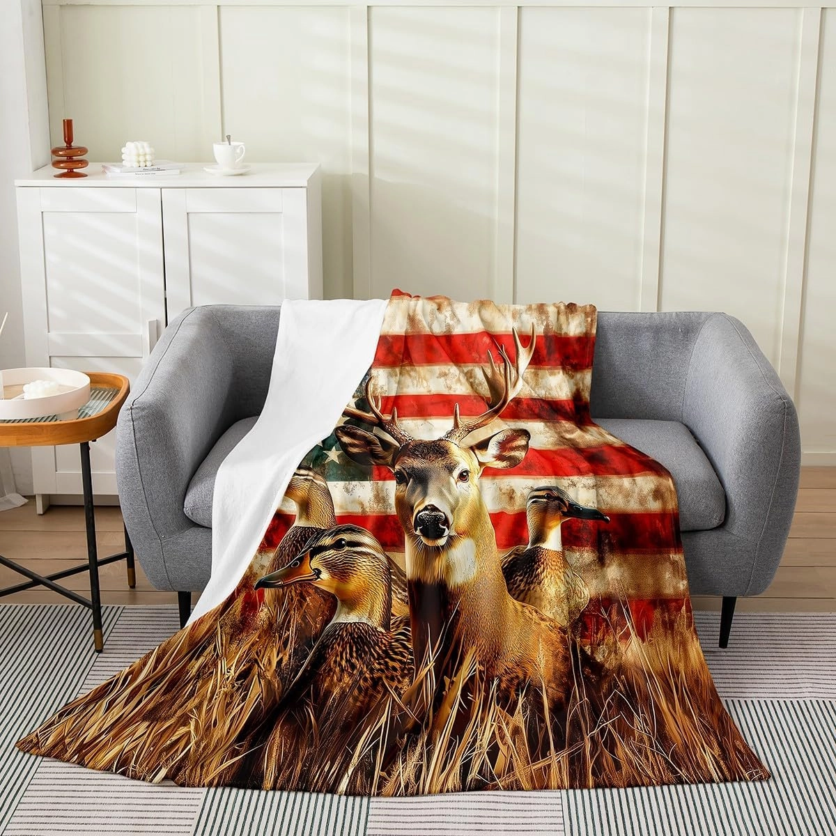 Erosebridal American Flag Throw Blanket 40x50,Deer Hunting Blanket for Boys Teens Kids Rustic Duck Country Cabin Jungle Flannel,Farmhouse Woodland Camouflage Animal Room Decor,All Season