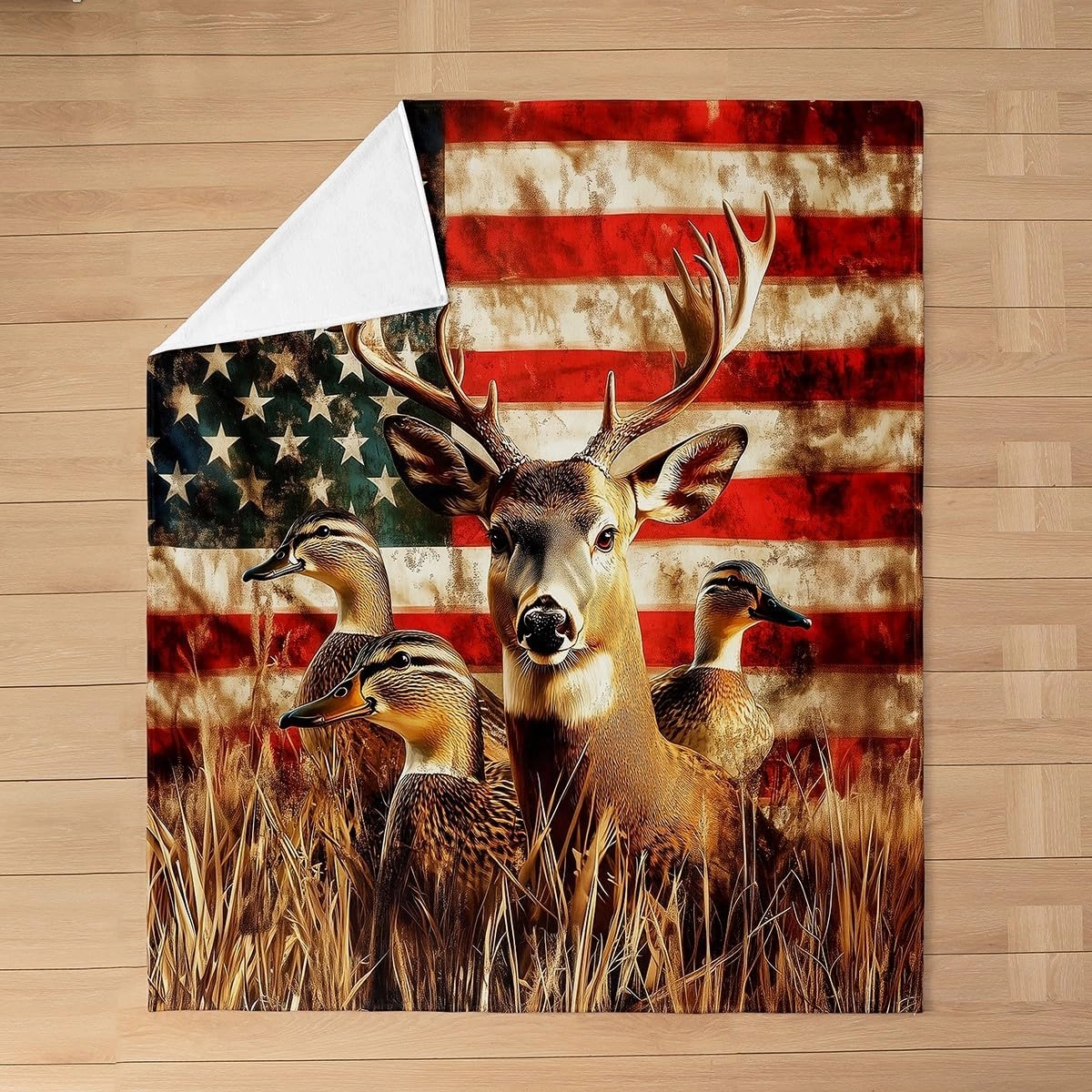 Erosebridal American Flag Throw Blanket 40x50,Deer Hunting Blanket for Boys Teens Kids Rustic Duck Country Cabin Jungle Flannel,Farmhouse Woodland Camouflage Animal Room Decor,All Season