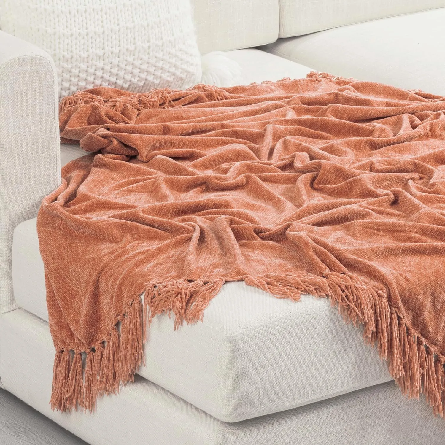 EVERGRACE Soft Chenille Throw Blanket for Couch, Cozy Plush Fuzzy Decorative Chenille Knit Throw Blanket with Tassels, Lightweight Blanket and Throws for Bed Sofa Gift Home Decor, Clay 50"x60"