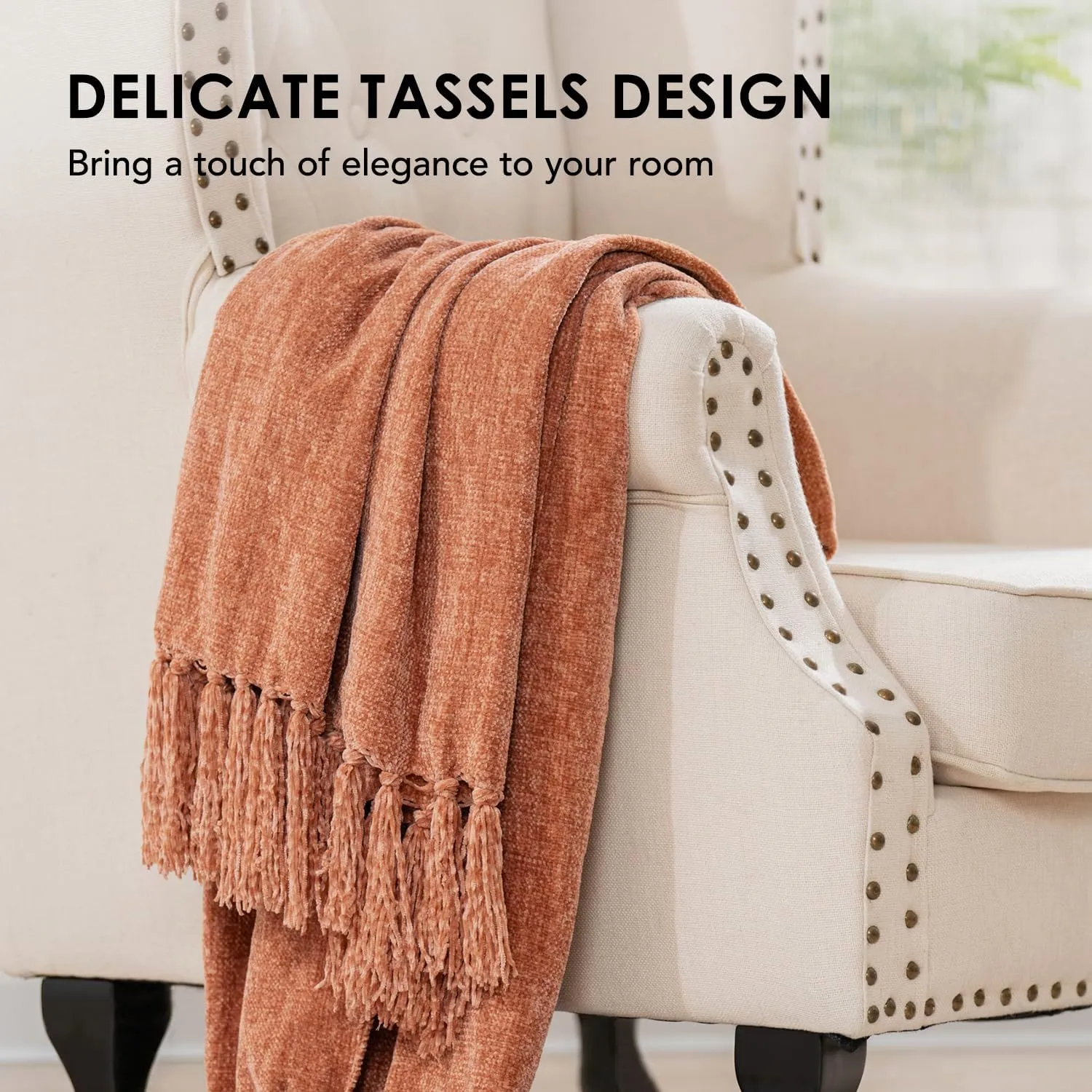 EVERGRACE Soft Chenille Throw Blanket for Couch, Cozy Plush Fuzzy Decorative Chenille Knit Throw Blanket with Tassels, Lightweight Blanket and Throws for Bed Sofa Gift Home Decor, Clay 50"x60"
