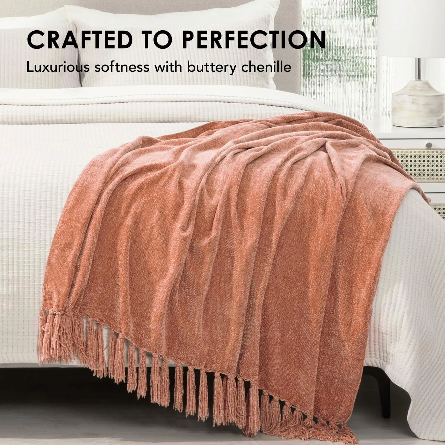 EVERGRACE Soft Chenille Throw Blanket for Couch, Cozy Plush Fuzzy Decorative Chenille Knit Throw Blanket with Tassels, Lightweight Blanket and Throws for Bed Sofa Gift Home Decor, Clay 50"x60"