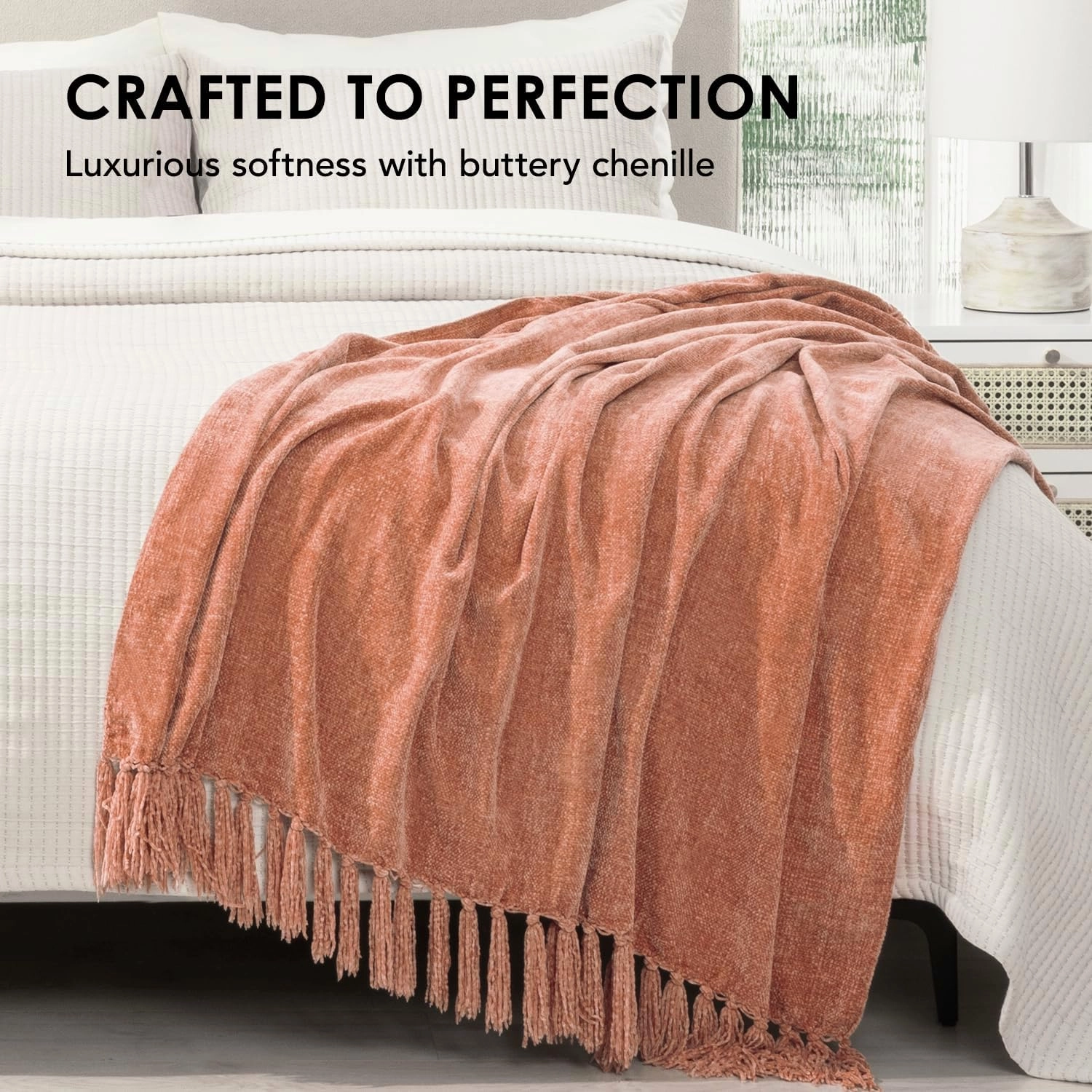 EVERGRACE Soft Chenille Throw Blanket for Couch, Cozy Plush Fuzzy Decorative Chenille Knit Throw Blanket with Tassels, Lightweight Blanket and Throws for Bed Sofa Gift Home Decor, Clay 50"x60"