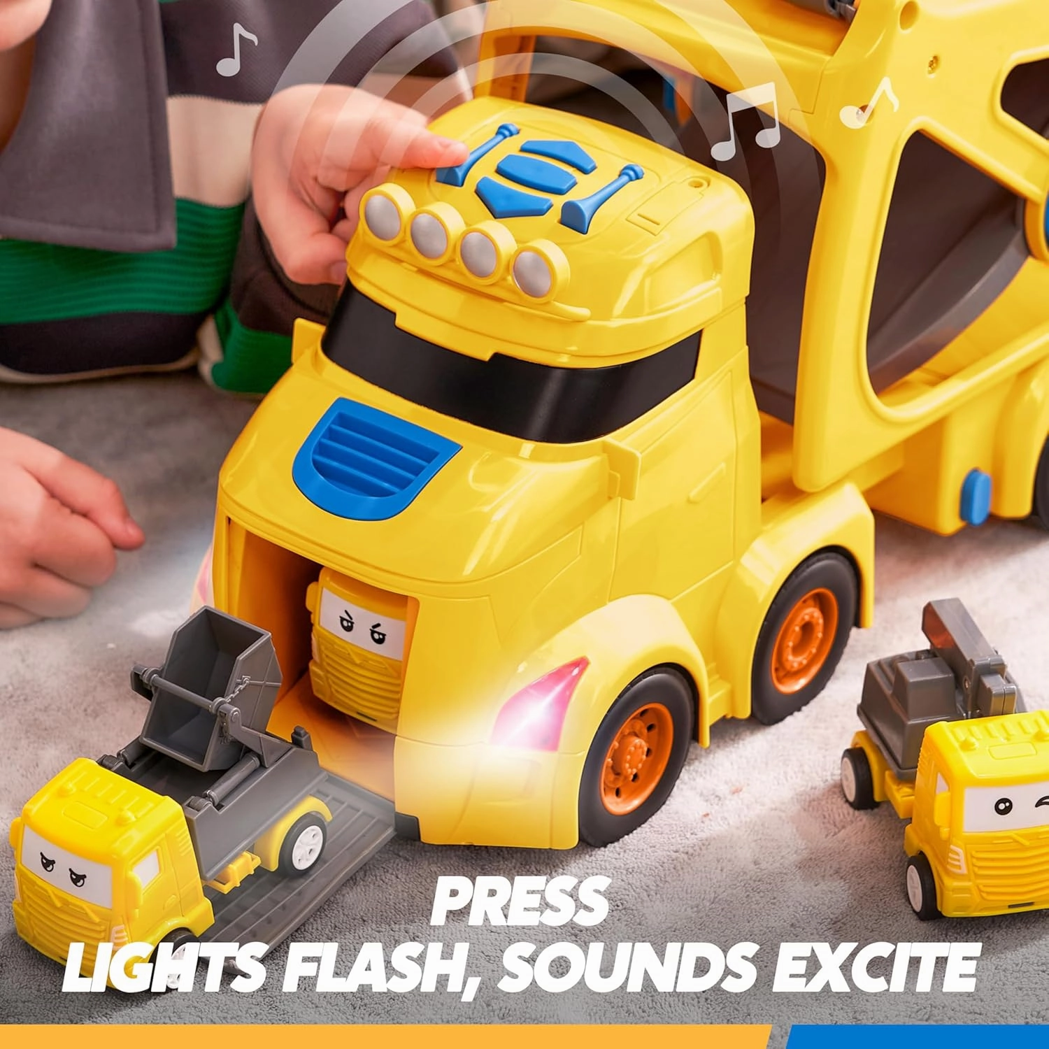 Extra Large Toy Cars for Toddlers, 3-Layer Construction Trucks for 2 3 4 Year Old Boys, 7-in-1 Big Transport Vehicle Carrier Truck with Siren & Lights and 6 Toy Cars, Birthday Gifts for Boys Kids