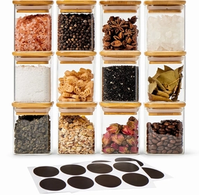 EZOWare 6oz Glass Jar Bottle, 12 Pc Square Air Tight Canister Storage Containers with Natural Bamboo Lids and Chalkboard Labels for Kitchen Spices, Bathroom, Home Decor, Party Favors