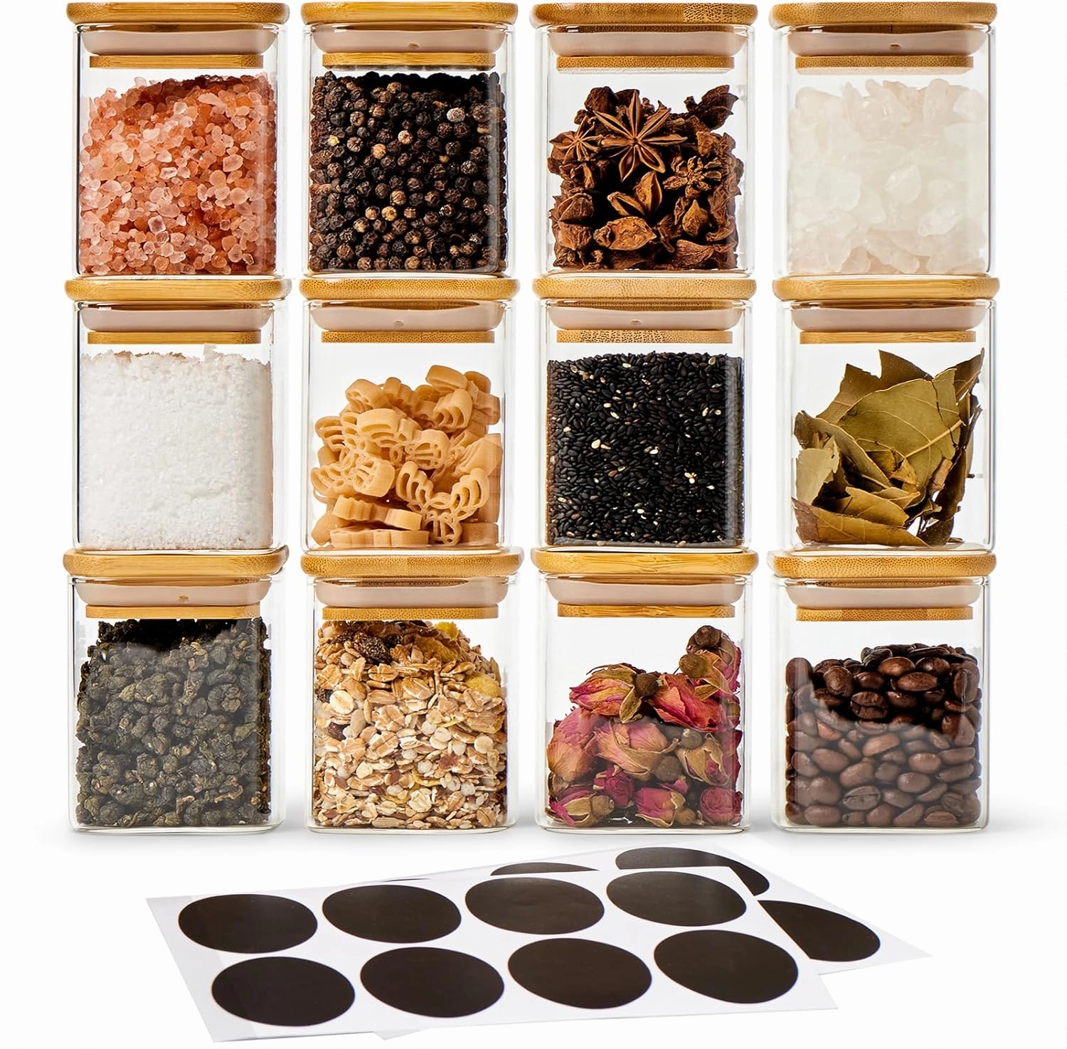 EZOWare 6oz Glass Jar Bottle, 12 Pc Square Air Tight Canister Storage Containers with Natural Bamboo Lids and Chalkboard Labels for Kitchen Spices, Bathroom, Home Decor, Party Favors