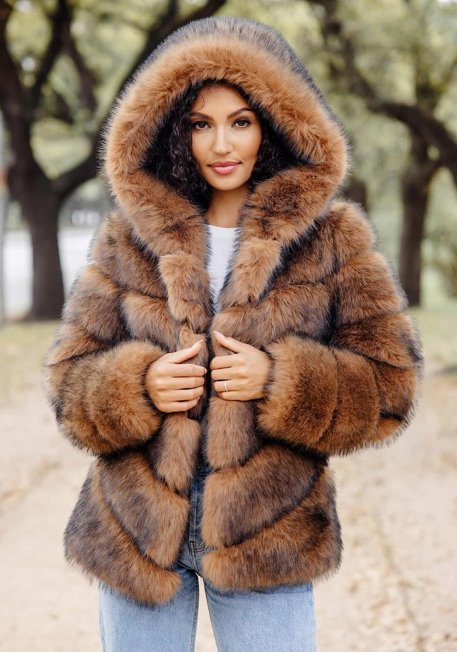 Fabulous-Furs Donna Salyers Fox Faux Fur Chateau Chevron Hooded Coat