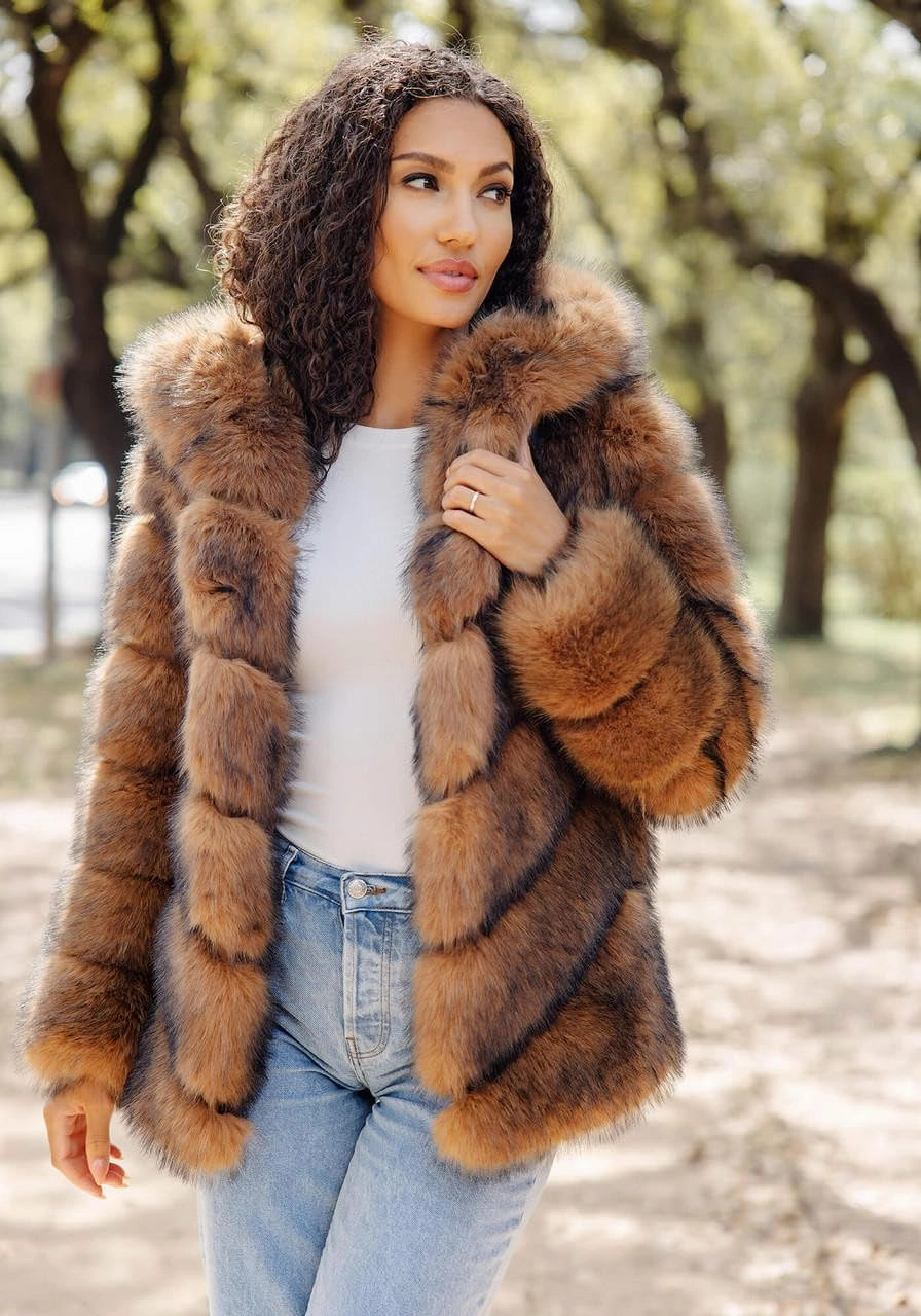 Fabulous-Furs Donna Salyers Fox Faux Fur Chateau Chevron Hooded Coat