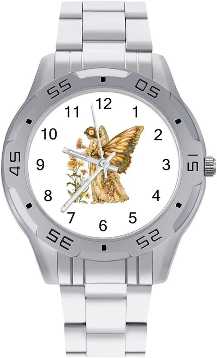 Fairy and Flower Classic Wrist Watches for Men Casual Business Dress Watch with Stainless Steel Band Work Party