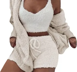 Famnbro Women's Sexy Fuzzy 3 Piece Outfits Fleece Warm Hooded Cardigan Crop Top Shorts Set Pajamas Loungewear