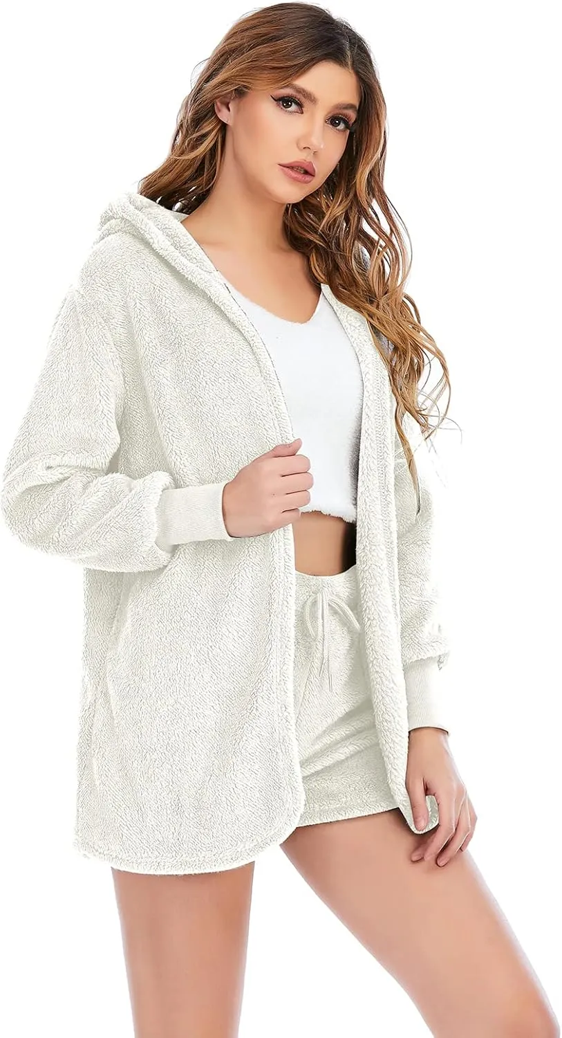 Famnbro Women's Sexy Fuzzy 3 Piece Outfits Fleece Warm Hooded Cardigan Crop Top Shorts Set Pajamas Loungewear