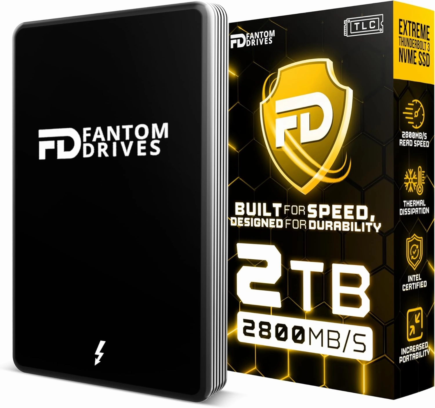 Fantom Drives Extreme 2TB External SSD - 2800MB/s, Thunderbolt 3 and 4, USB Type-C, Aluminum, 3D NAND TLC, TB3X-2300N2TB