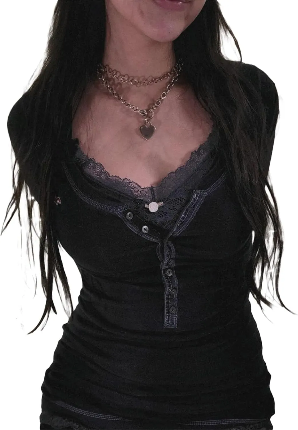 Fanvereka Women Lace Stitching V-Neck Fairy Crop Tops Y2K Long Sleeve Tight Shirt Spring Fall Downtown Girl Coquette Clothing