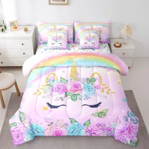 Feelyou Queen Size Unicorn Comforter Set with Sheets for Kids Girls Bedroom Decorations Teens 3D Purple Unicorn Rainbow 7 Piece Bedding Set Ultra Soft and Fluffy Flower Bed in a Bag